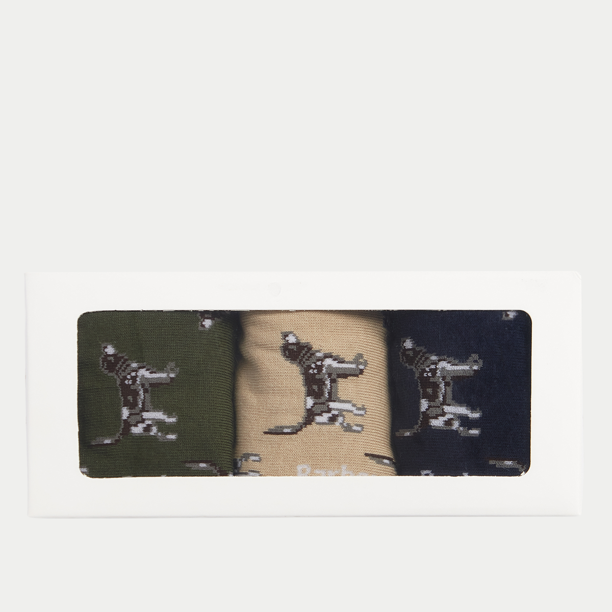 Boîte cadeau Barbour des trois paires de chaussettes chien beige, olive et bleu