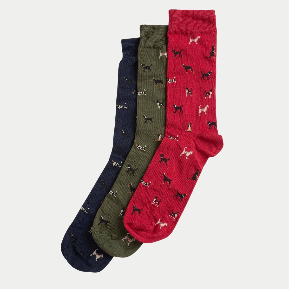 Les trois paires de chaussettes Barbour semées de petits chiens : marine, vert olive et rouge framboise