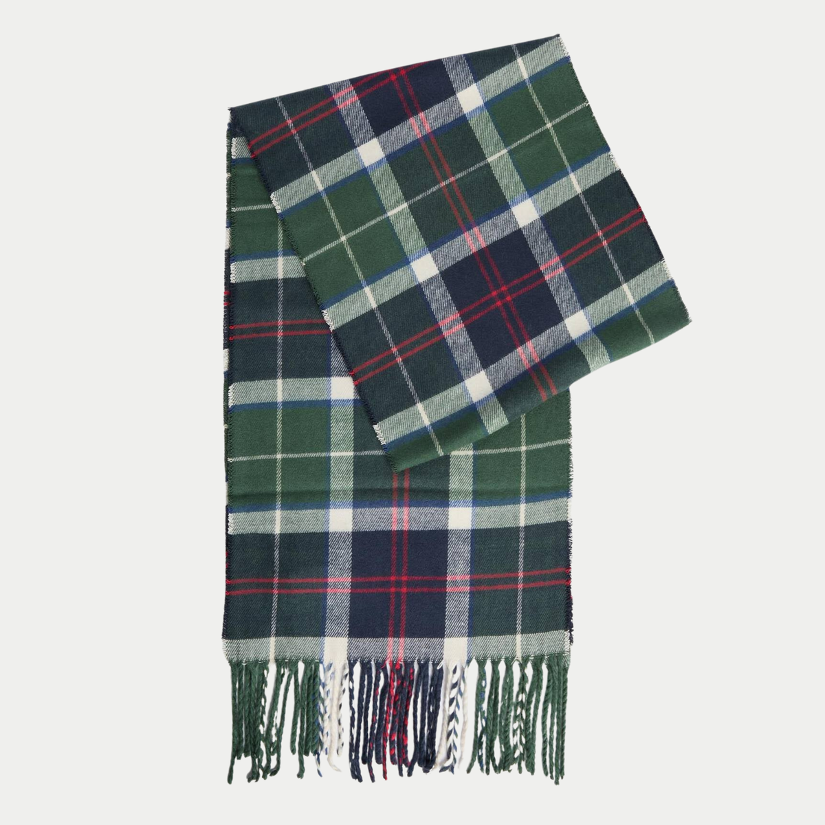 Écharpe Barbour Galingale en tartan Evergreen pliée, franges nouées