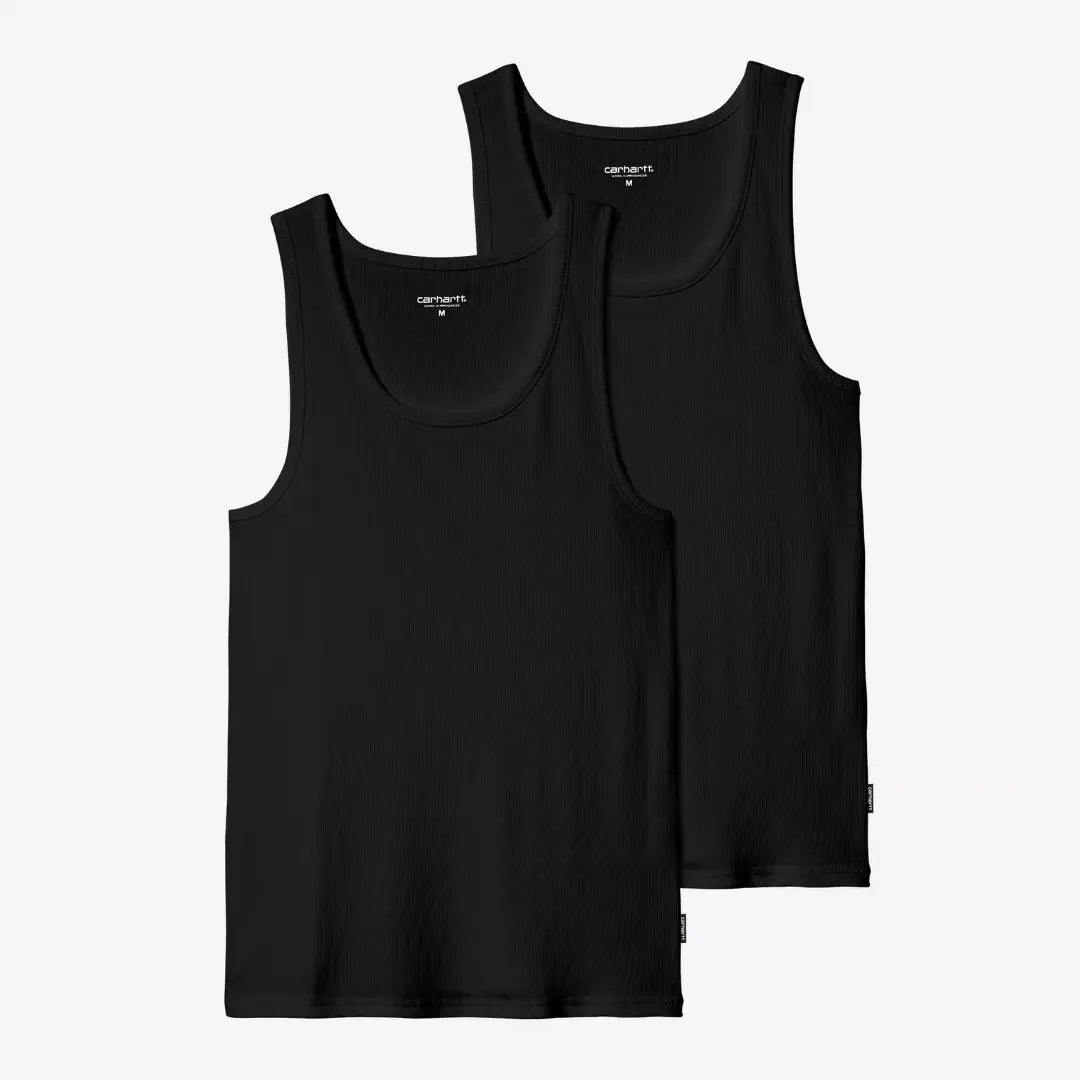 Les deux débardeurs A-shirt noirs superposés à plat, étiquette d'encolure imprimée en blanc sur la maille