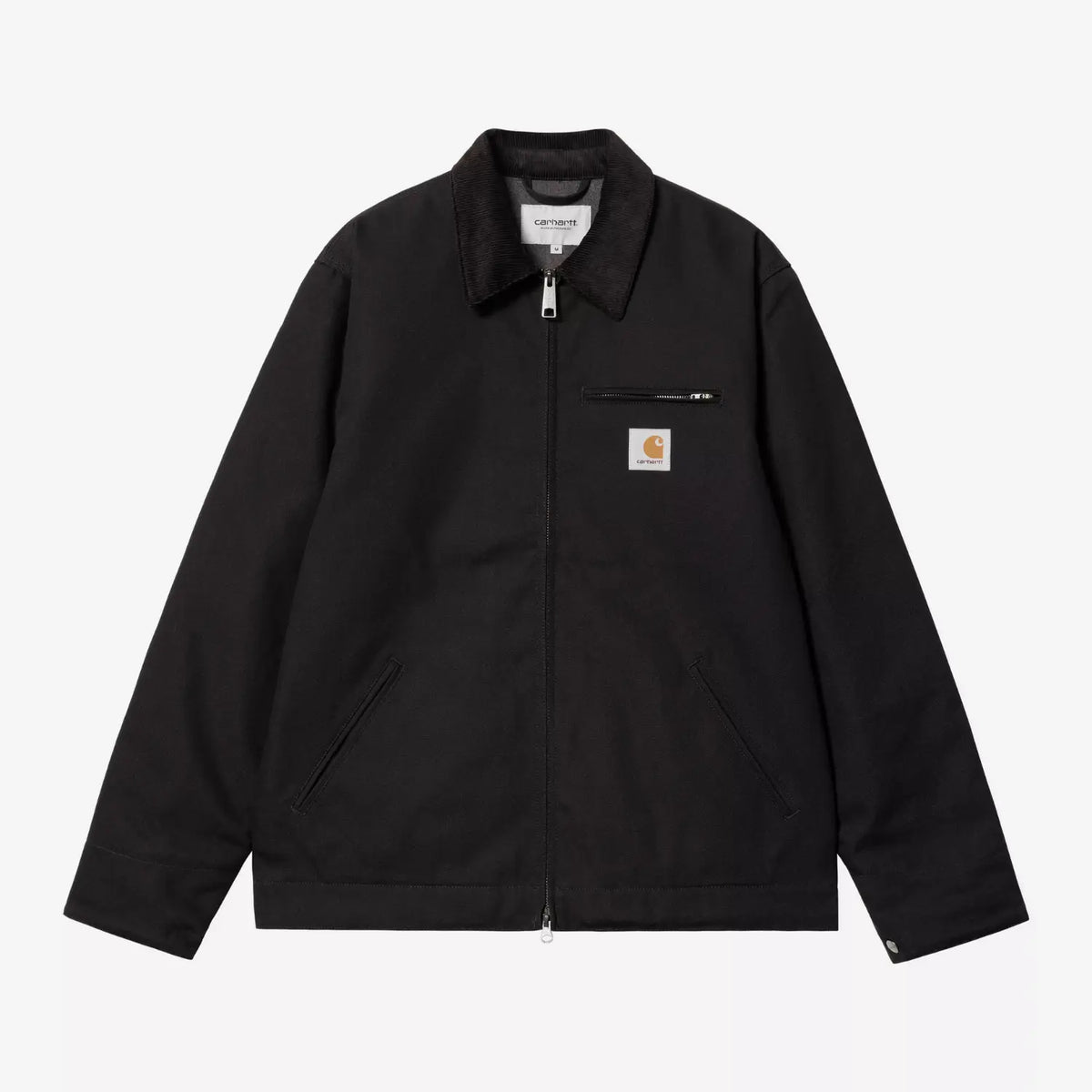 Veste Detroit Jacket Winter Black Rigid Carhartt WIP - à plat de face, col velours côtelé et poche poitrine zippée