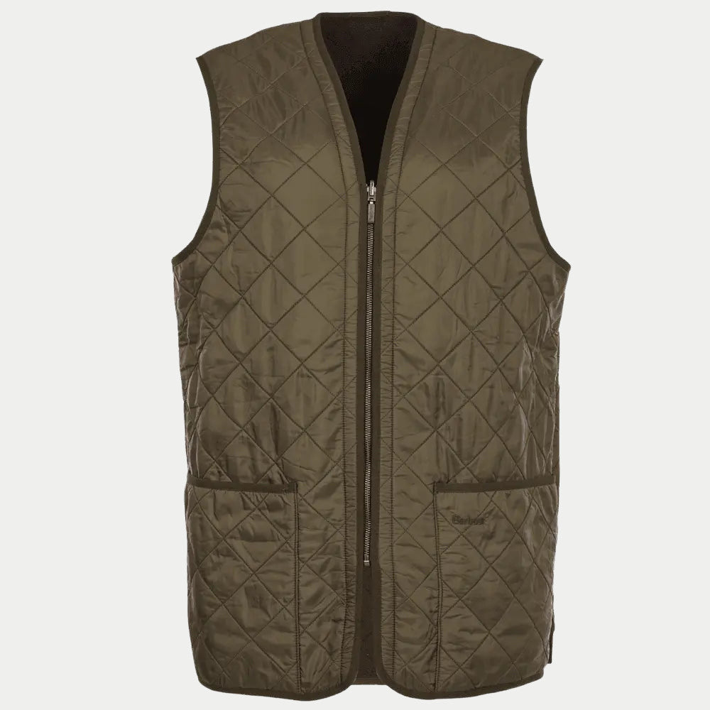 Doublure Polarquilt Olive à plat, losanges piqués, zip métal et bordures brunes contrastées