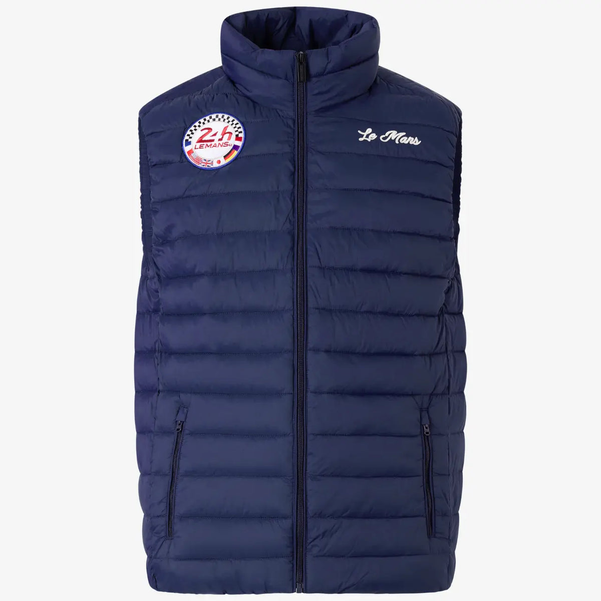 Doudoune sans manches Bleu Marine de face : matelassage horizontal, écusson 24h Le Mans et broderie Le Mans