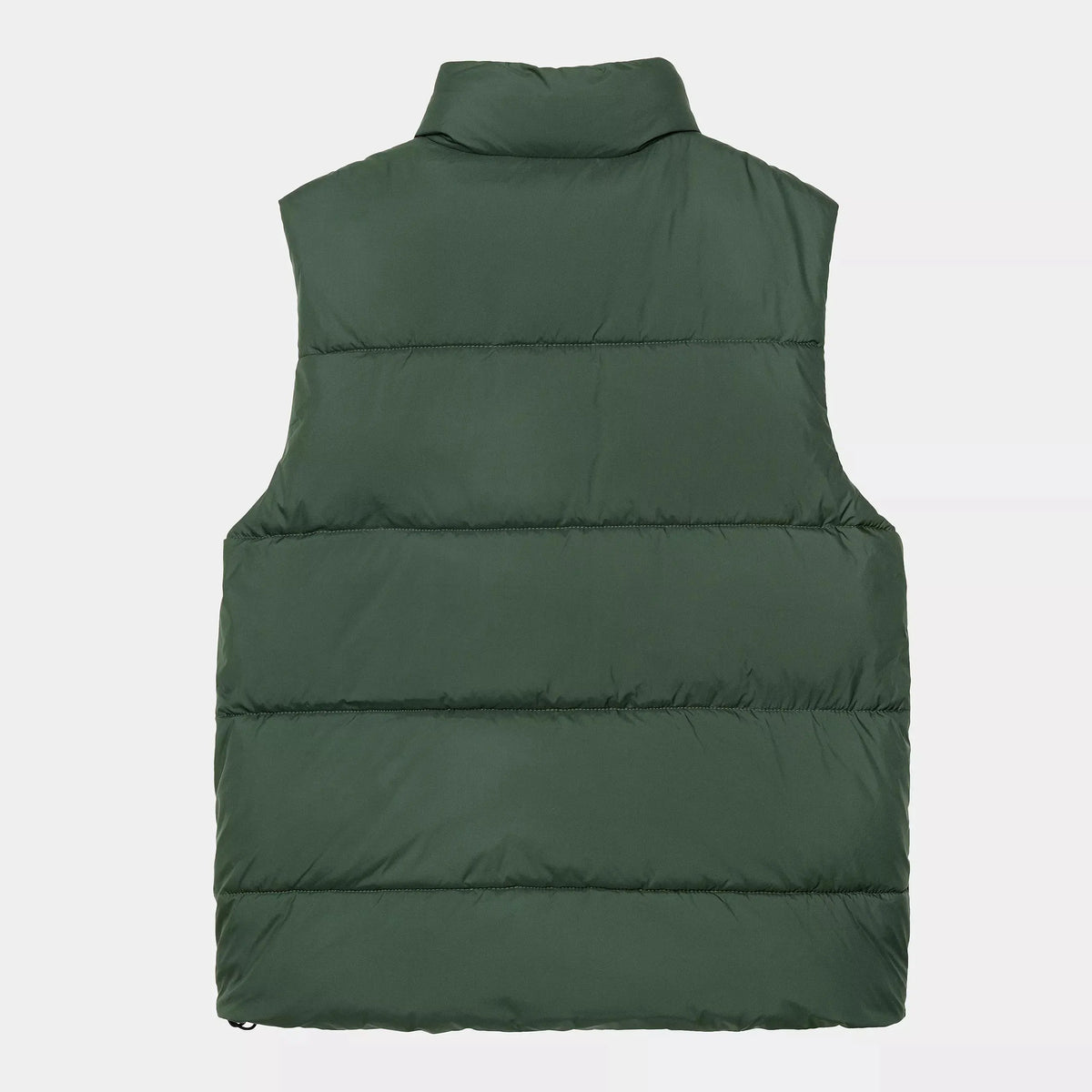 Dos de la doudoune sans manches vert sapin : nylon matelassé en larges boudins horizontaux, col montant