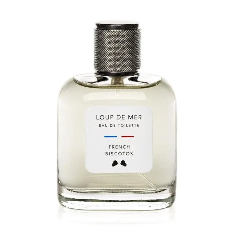 Flacon d'eau de toilette Loup de Mer, verre épais, bouchon métal moleté et étiquette blanche