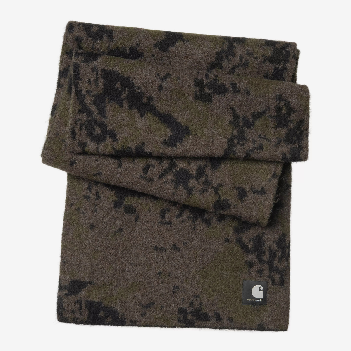 Écharpe Carhartt WIP Camo Disperse pliée, jacquard camouflage kaki, brun et noir, Square Label noir