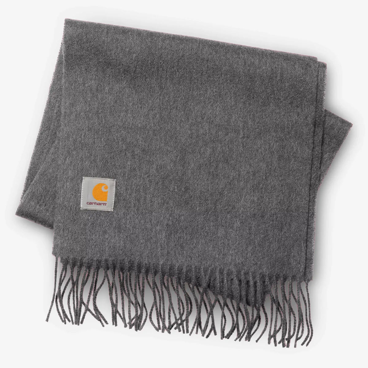 Écharpe Clan Scarf gris anthracite chiné pliée à plat, laine douce brossée et franges torsadées au bout