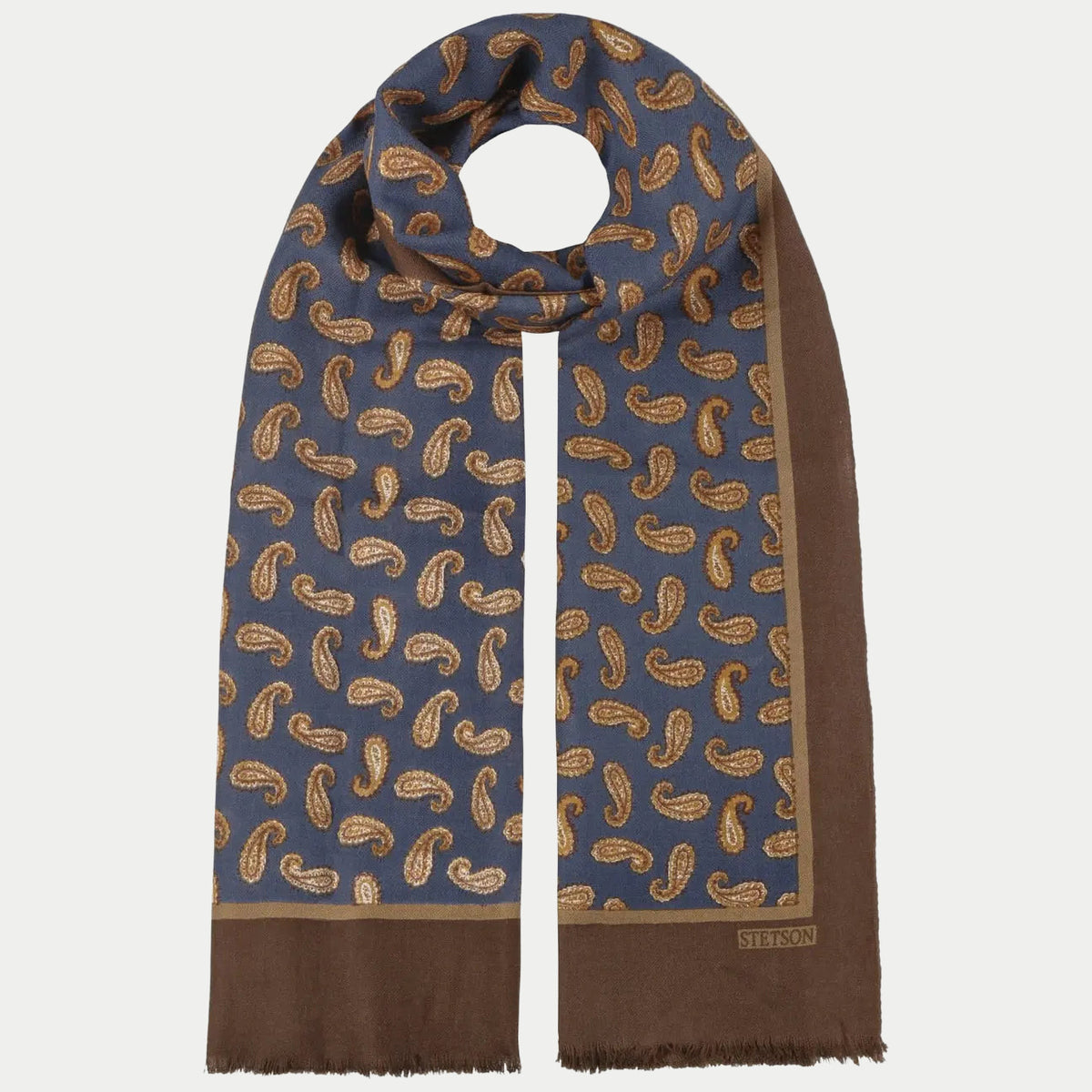Écharpe de laine dépliée : champ bleu marine à motifs paisley ocre et large bordure brune
