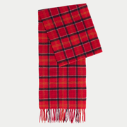 Écharpe Barbour en laine, tartan rouge quadrillé de bleu marine, de jaune et de blanc, pliée à plat, à franges