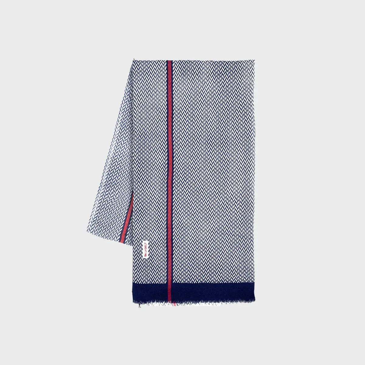 Écharpe en laine pliée, chevrons Bleu Marine et blancs, liseré rouge et large bout Bleu Marine uni
