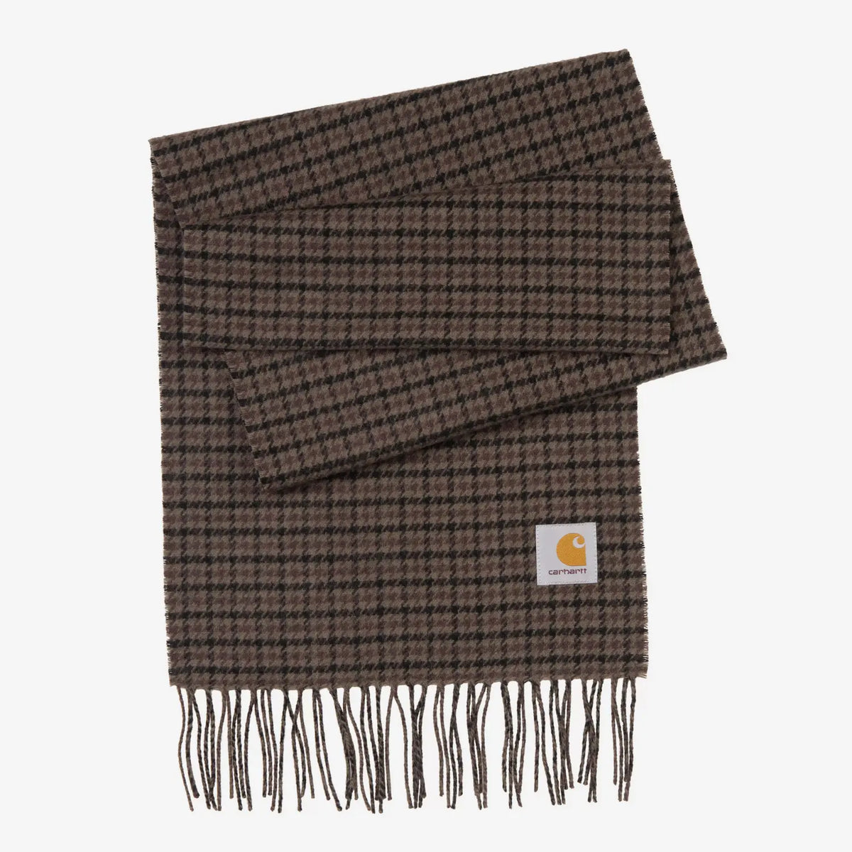 Écharpe Lowis en laine tissée à carreaux quadrillés brun taupe et noir, franges torsadées aux extrémités