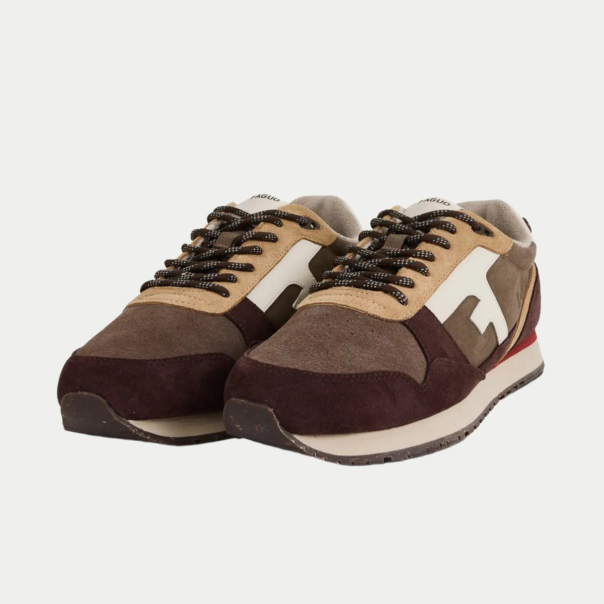 Elm Runnings marron Faguo - paire de face, daim taupe et bout bordeaux, lacets marron mouchetés