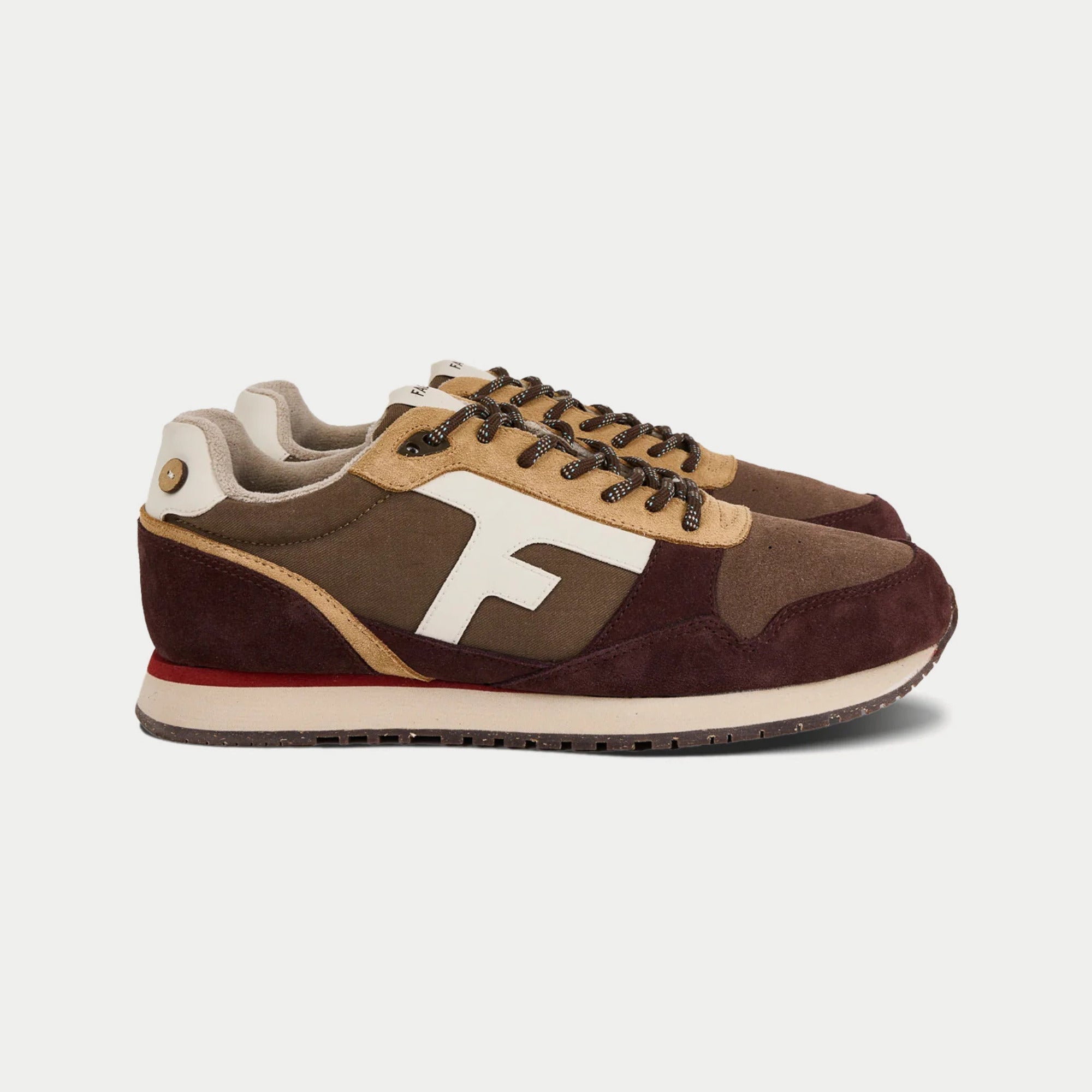 Elm Runnings marron Faguo - baskets de profil, logo F blanc, semelle crème à liseré rouge