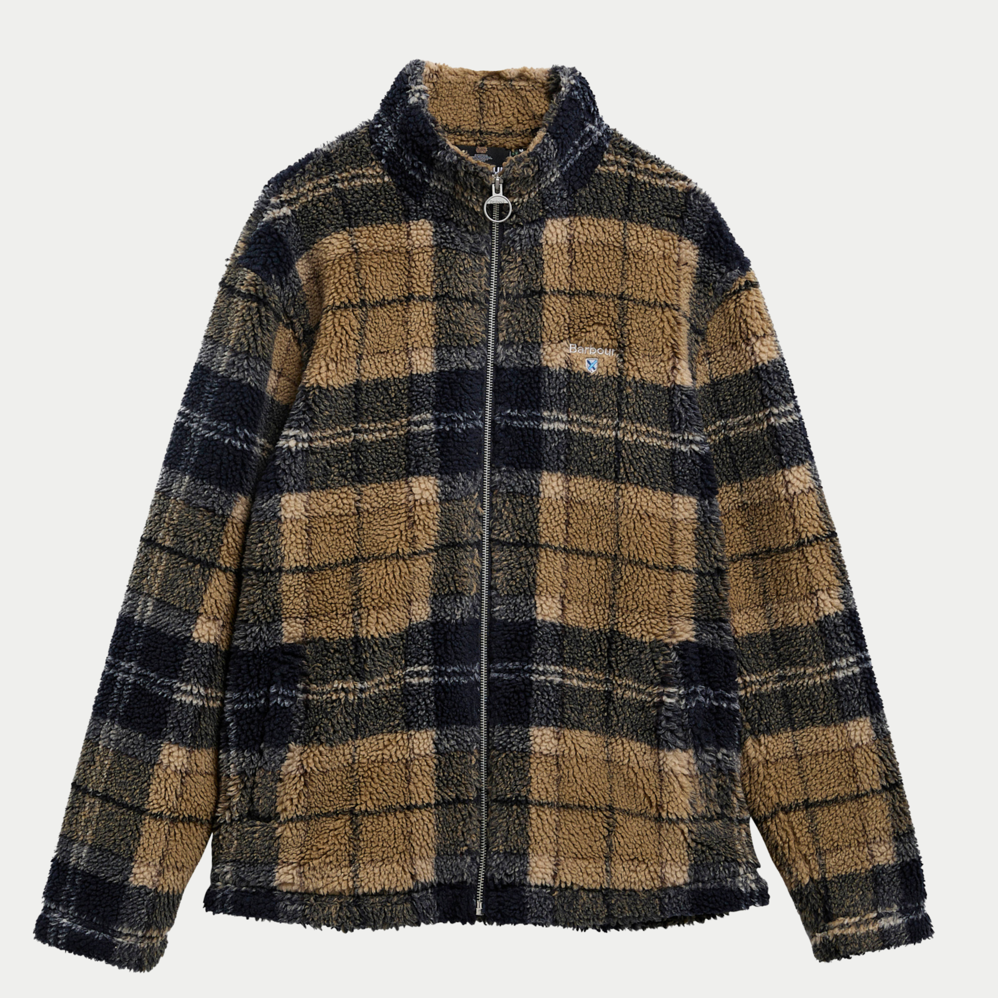 Polaire Sherpa Barbour tartan beige, marine et gris - à plat de face, zip fermé et tirette anneau