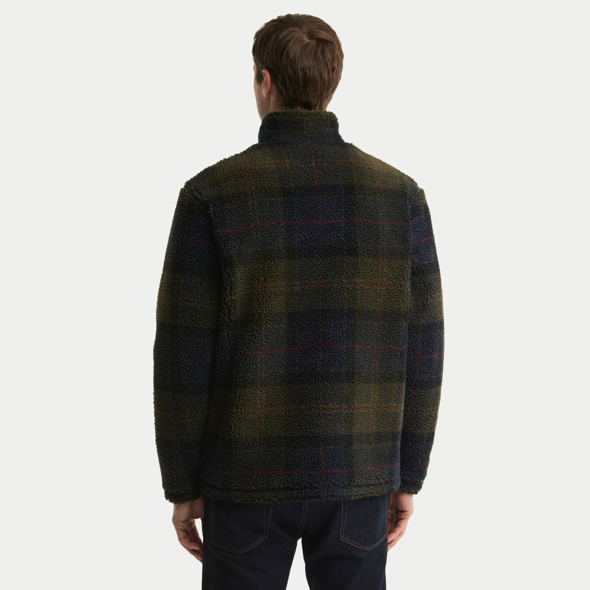 Polaire sherpa Barbour tartan olive foncé vue de dos, carreaux marine alignés sur les épaules