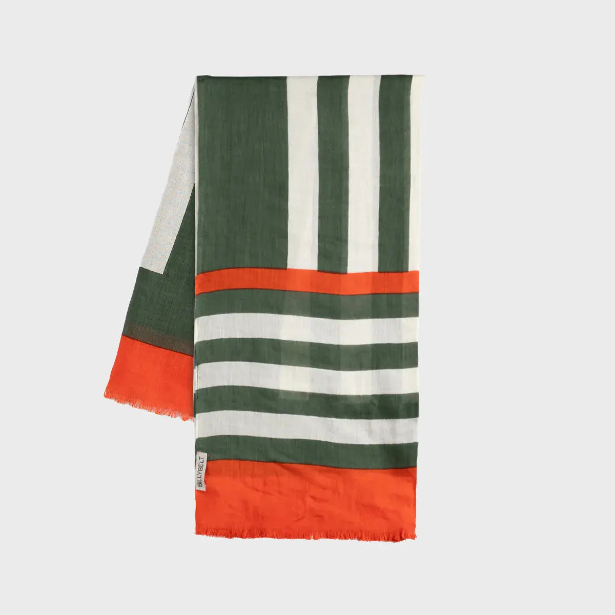 Foulard en coton plié à plat, larges rayures vert kaki et écru barrées de deux bandes orange vif et frangé