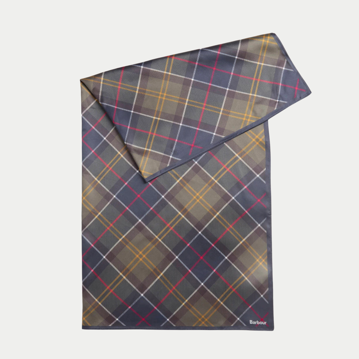 Foulard Kinsale plié en deux, tartan olive et gris ardoise, filets rouges et jaunes, bordure bleu ardoise