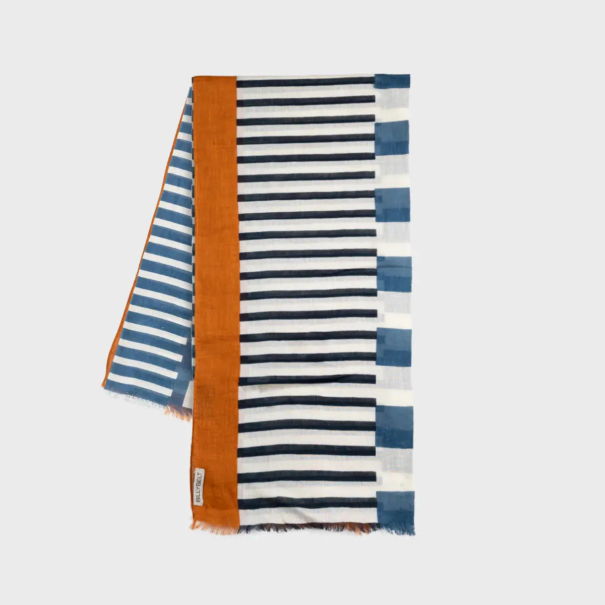 Foulard en coton plié, rayures Bleu Marine sur écru, aplats bleu jean et large bande orange rouille