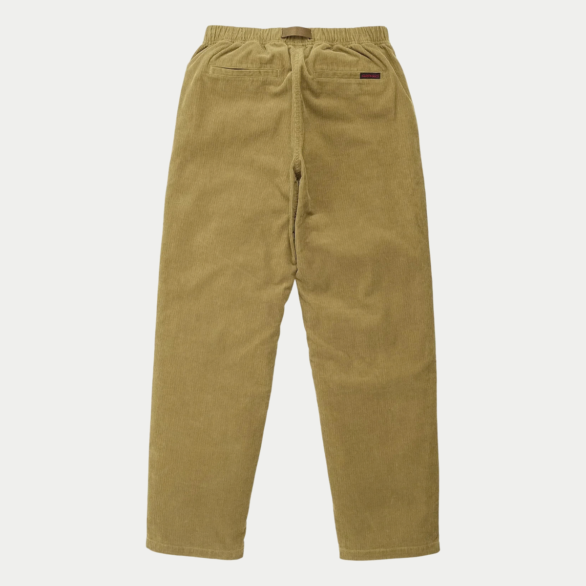 Pantalon G-Pant Velours Gramicci tan camel à plat de dos, taille élastiquée, deux poches passepoilées et étiquette logo