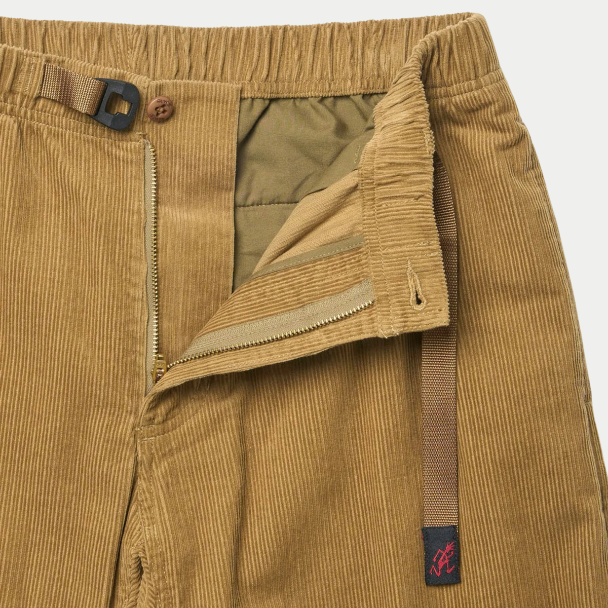 G-Pant Velours Gramicci tan braguette ouverte : fermeture éclair, bouton et doublure intérieure kaki