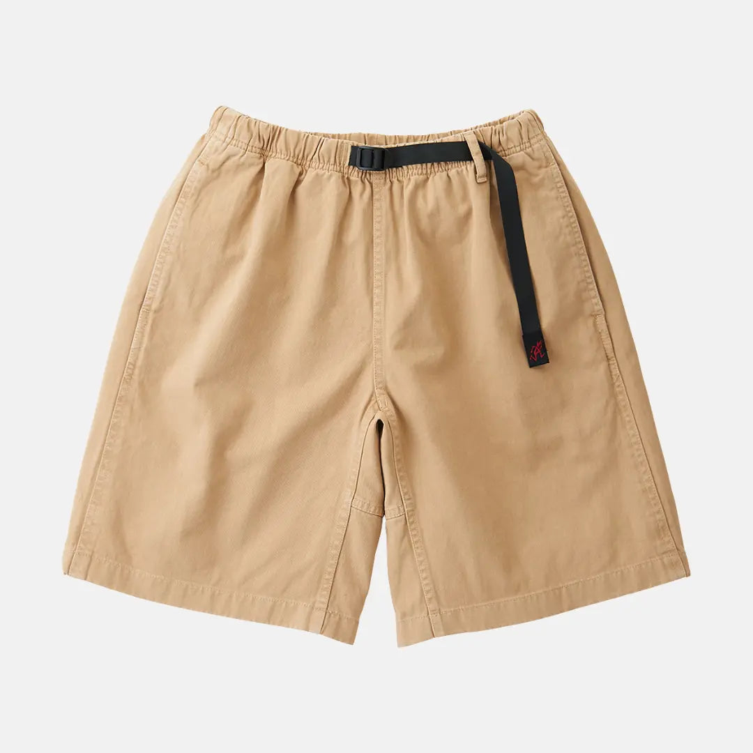 G-short Gramicci en toile de coton beige chino, taille élastiquée et sangle noire à boucle, vue de face à plat