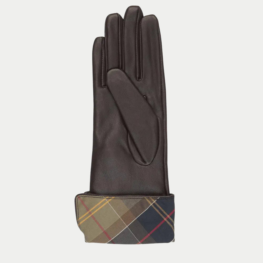 Gant Lady Jane seul, cuir marron souple et large revers tartan sur le poignet