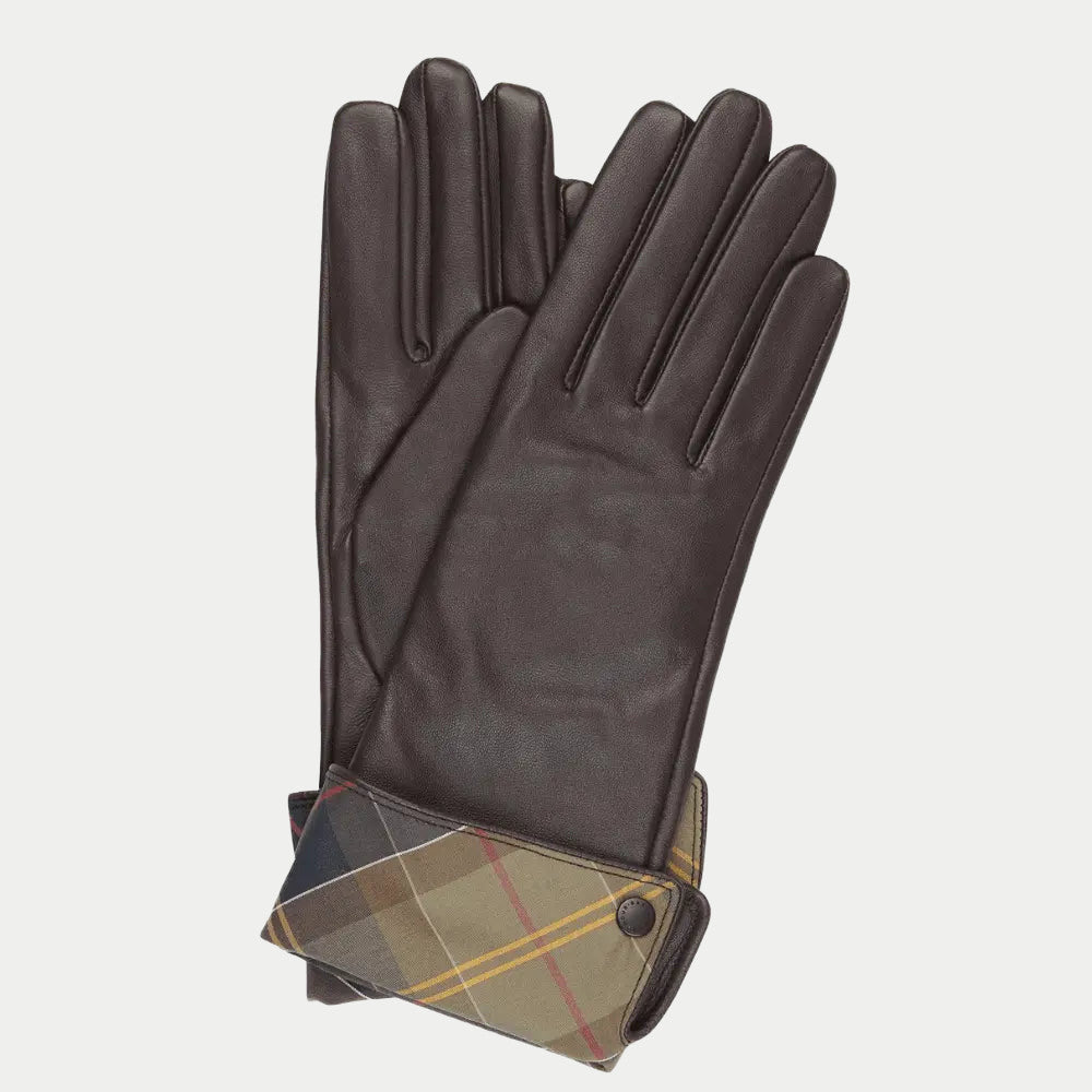 Paire de gants Lady Jane en cuir marron, revers à carreaux kaki, jaune et rouge