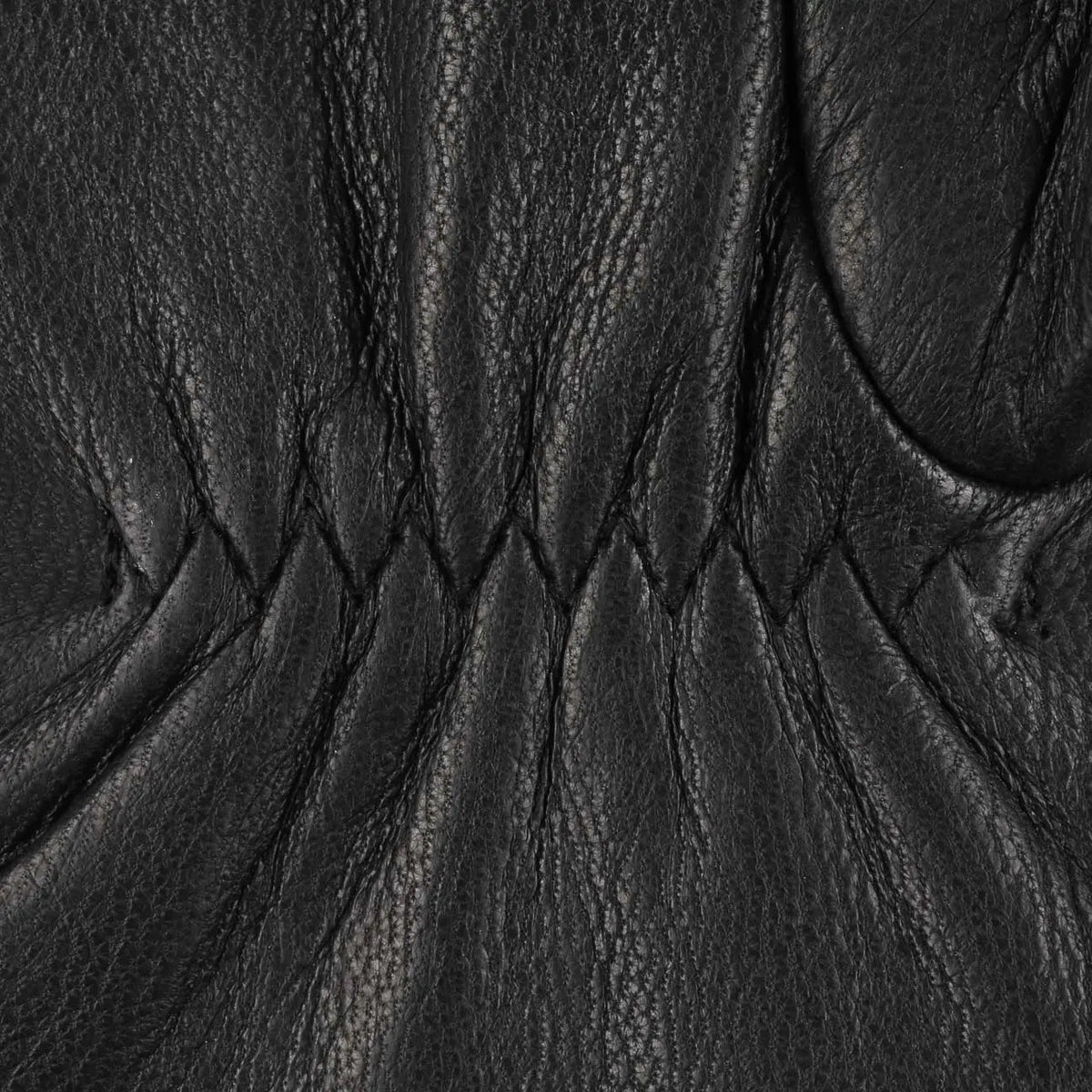 Gros plan du cuir noir grainé de la paume et de ses fronces élastiquées