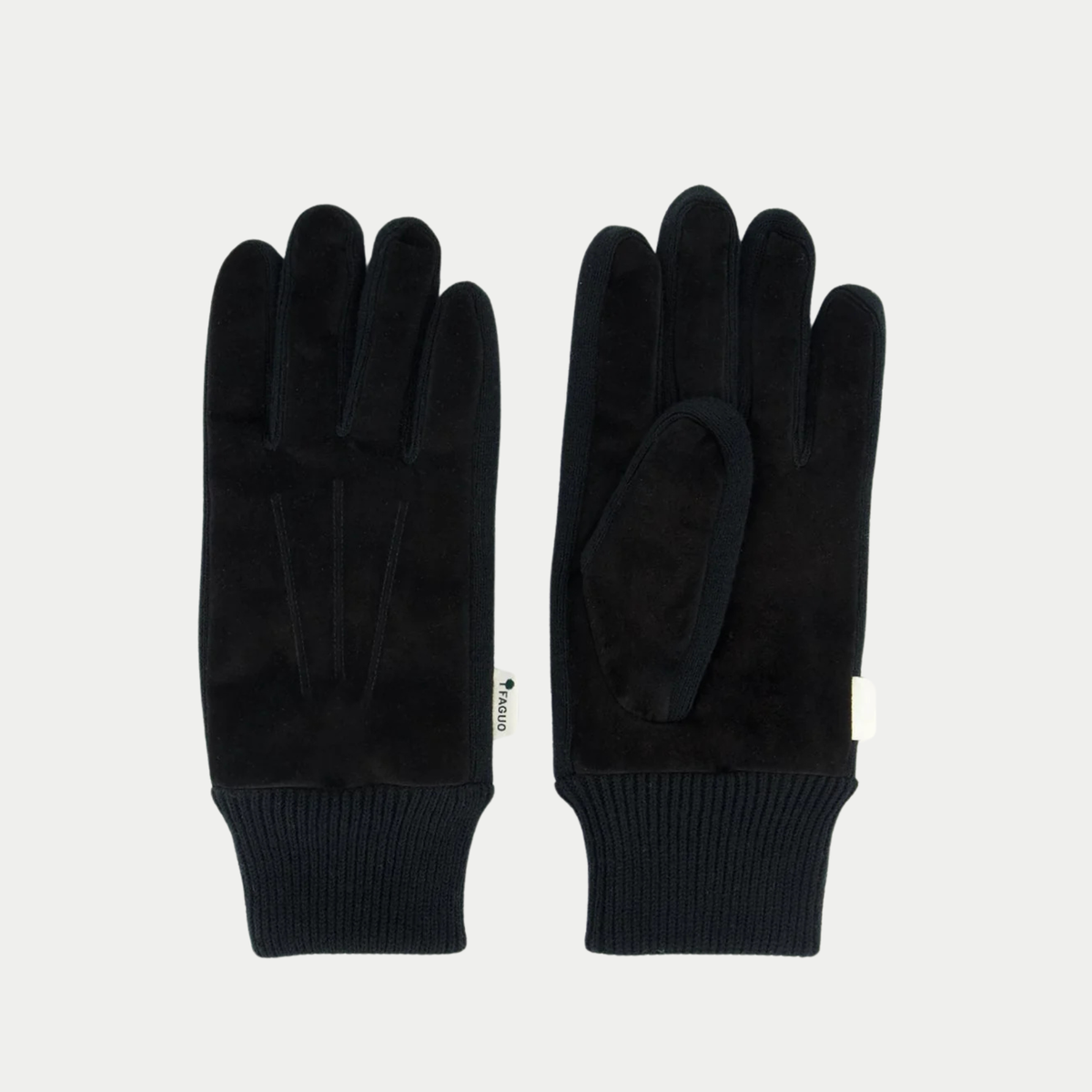 Gants Faguo en nubuck noir posés à plat, dos et paume, soufflets tricot et poignet en maille côtelée