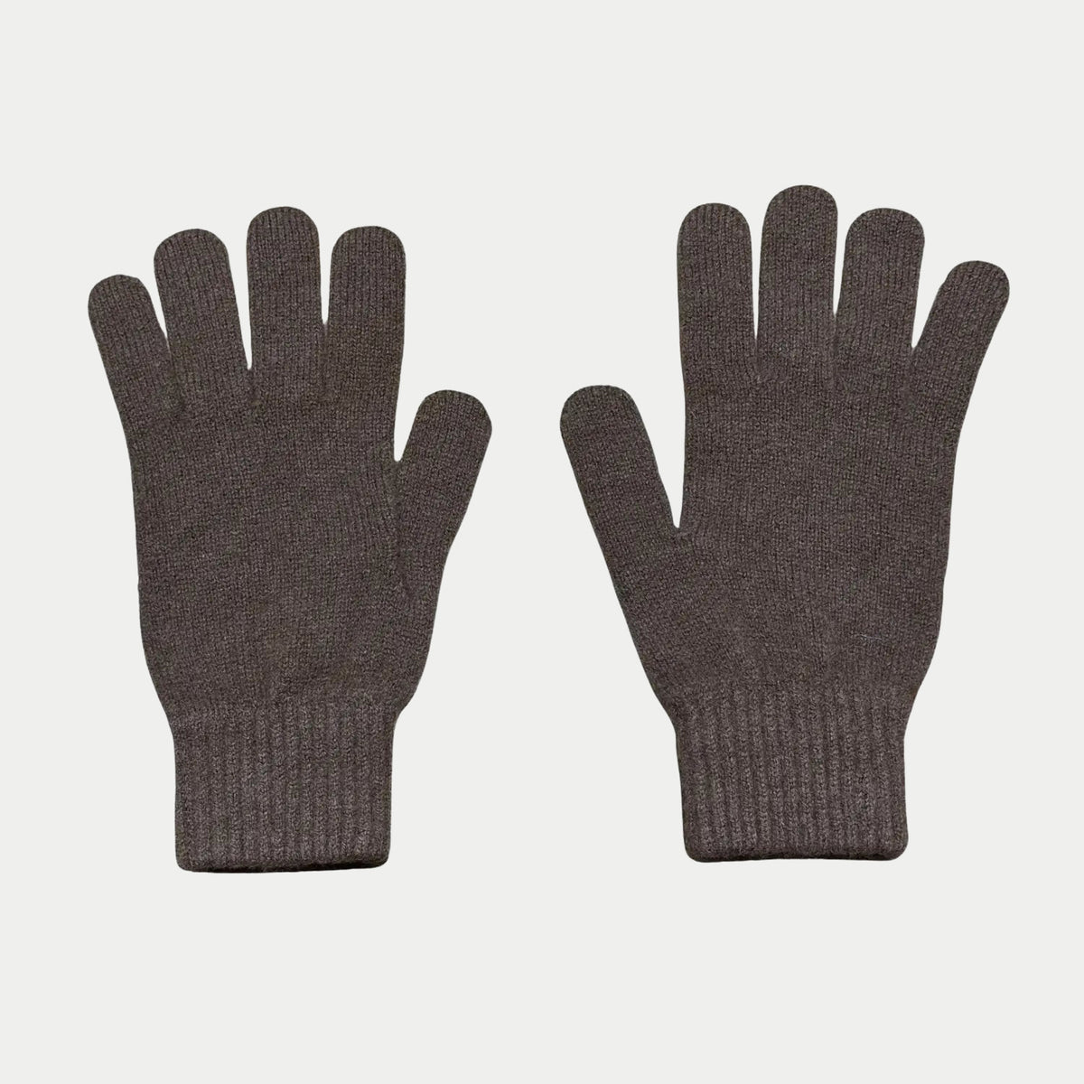 Gants Munro brun taupe grisé, maille jersey fine et poignets côtelés, la paire à plat.