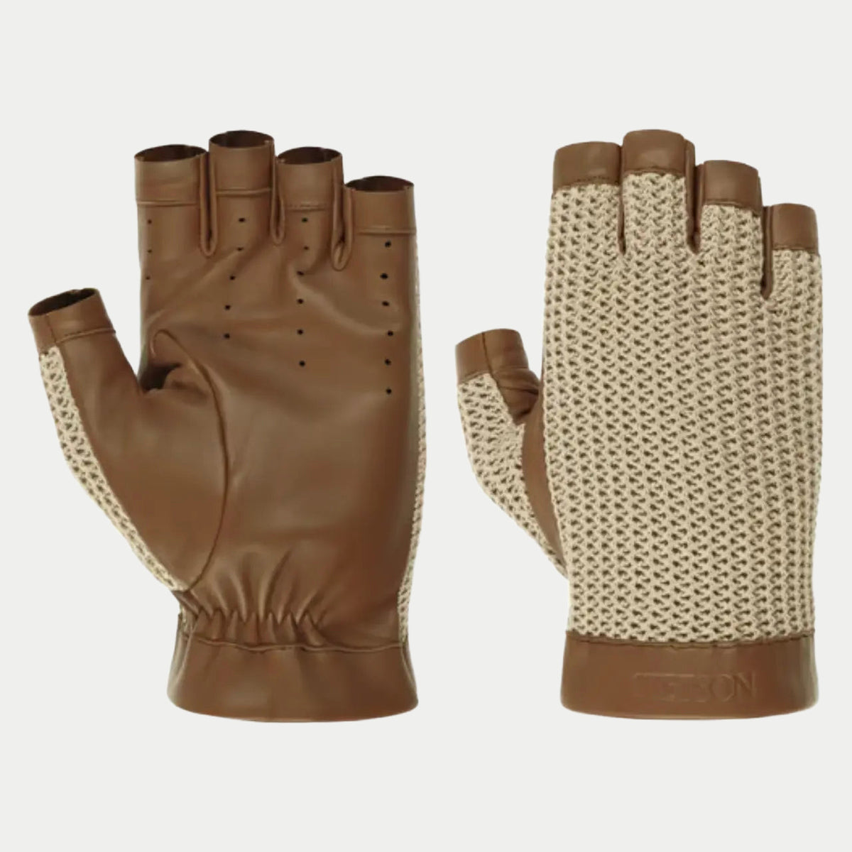 Mitaines à paume en cuir marron perforé et dos en crochet de coton écru