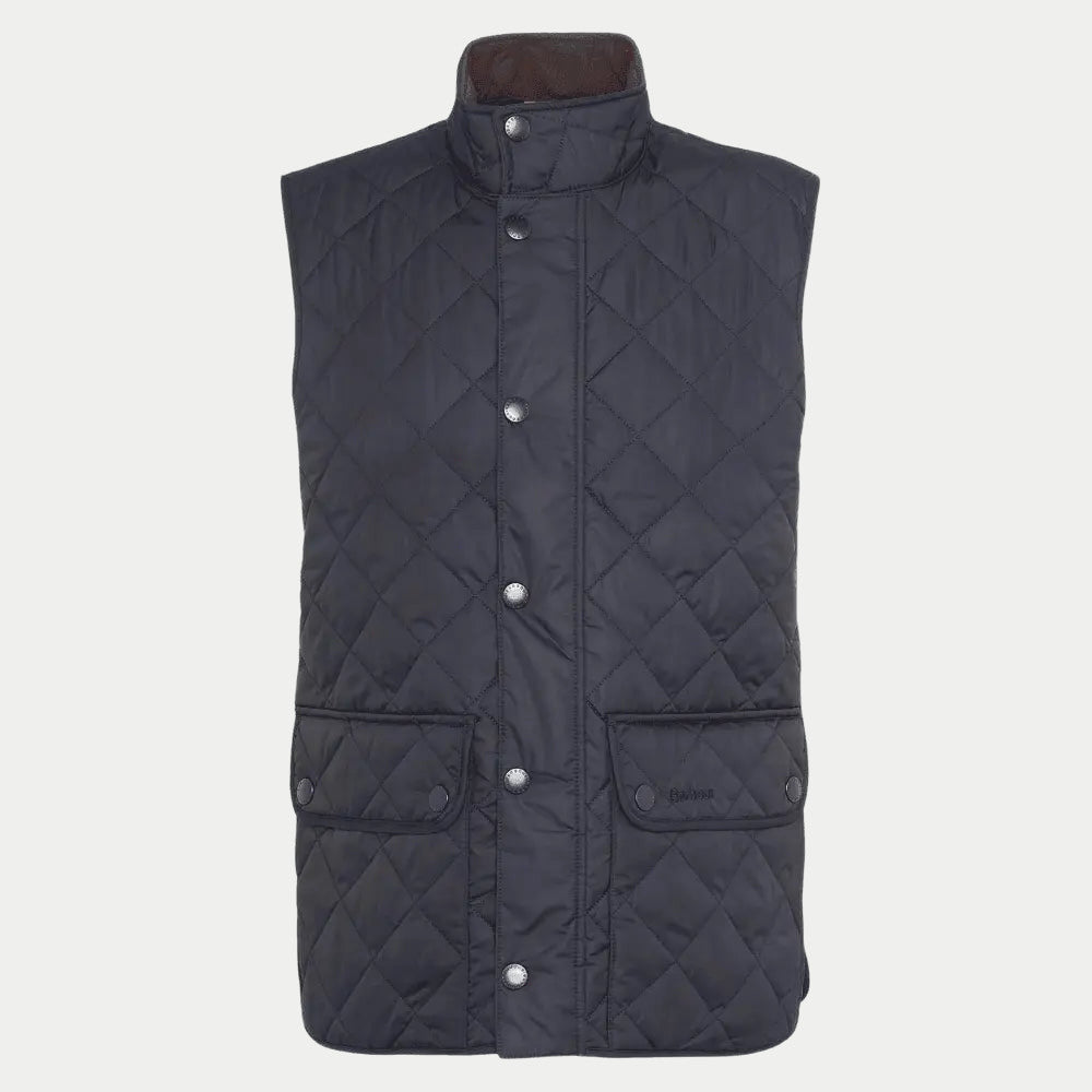 Gilet Lowerdale Barbour marine vu de face à plat, col montant doublé de brun et pressions nickel