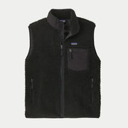 Gilet Retro-X Patagonia noir à plat de face : polaire sherpa, zip intégral, col montant et poche poitrine zippée nylon