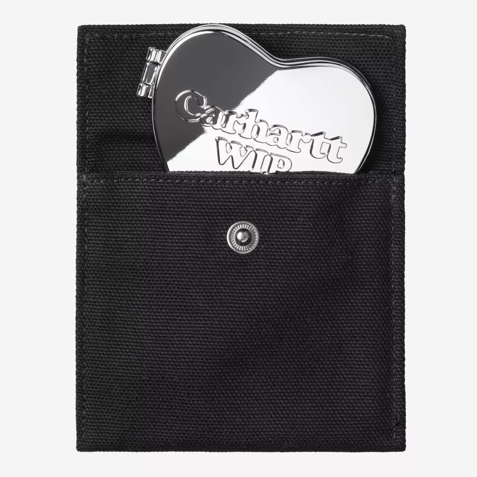 Miroir de poche Heart Carhartt WIP argenté glissé dans sa pochette en toile noire à bouton-pression