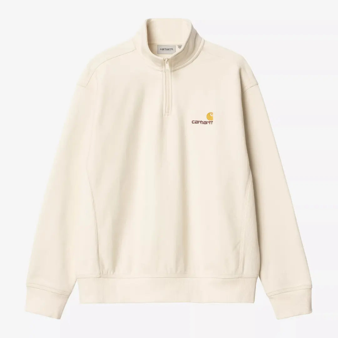 Half Zip American Script écru à plat : col montant, demi-zip et logo script brodé orange sur la poitrine