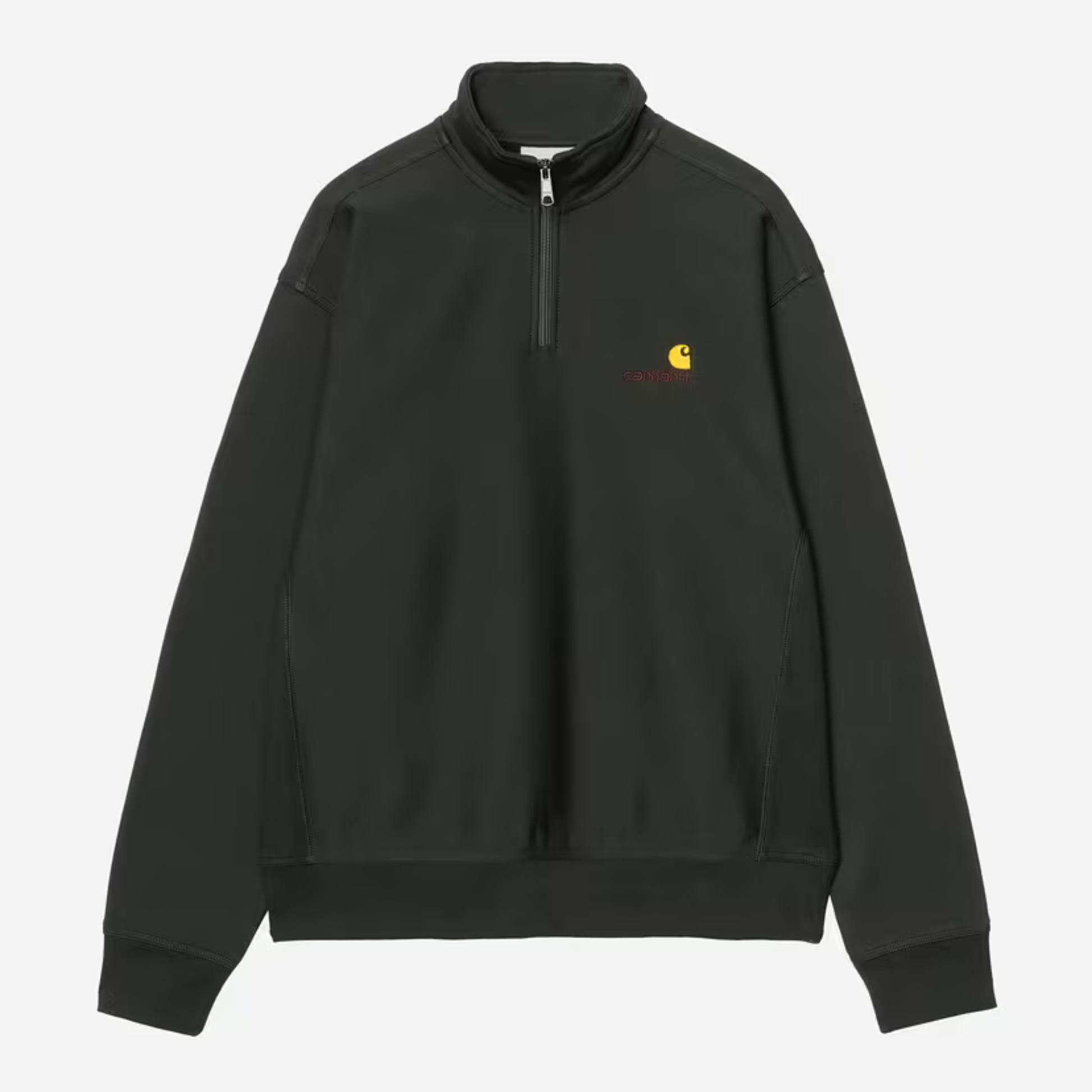 Sweat Half Zip American Script Carhartt WIP vert foncé, à plat de face, col montant zippé et logo script brodé