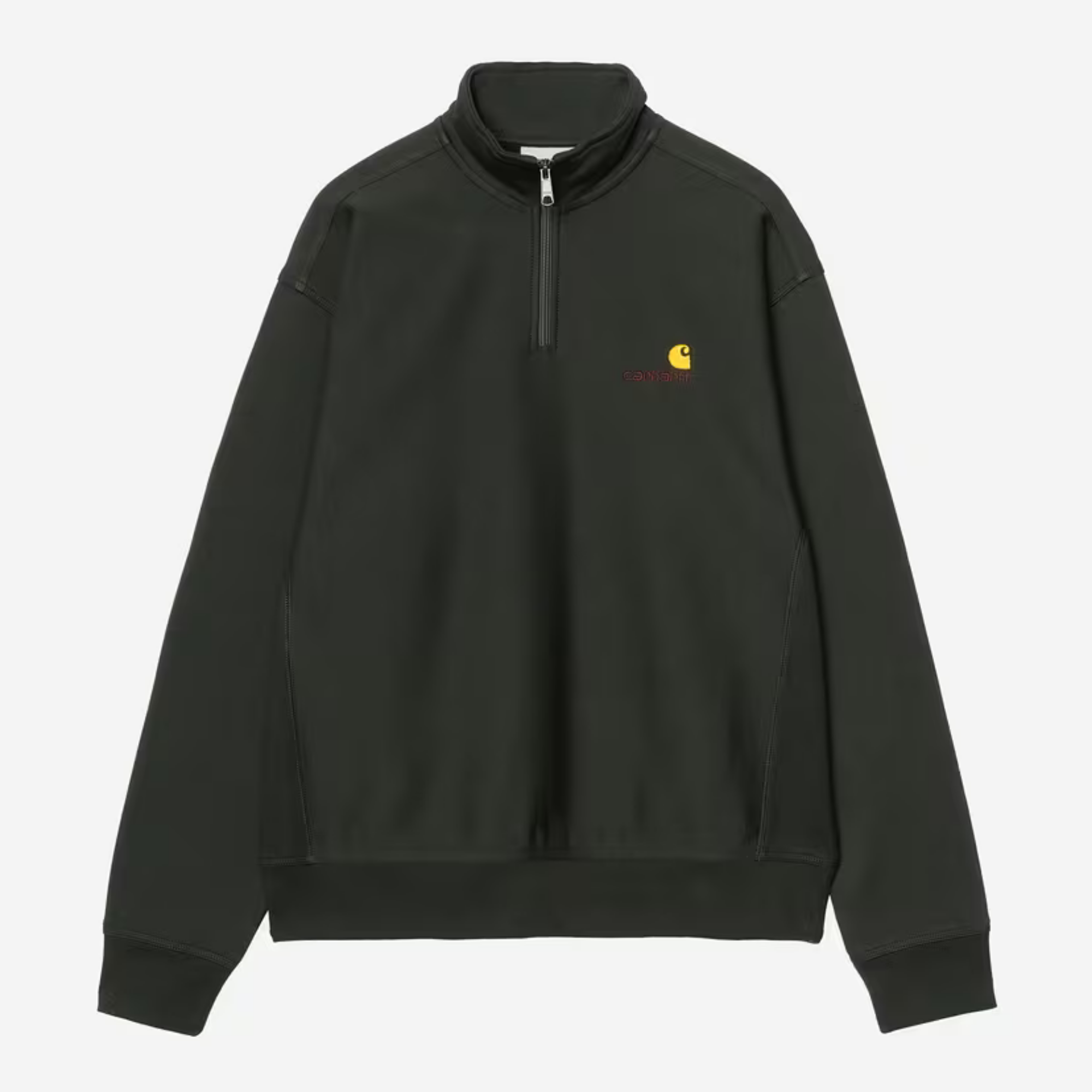 Sweat Half Zip American Script Carhartt WIP vert foncé, à plat de face, col montant zippé et logo script brodé
