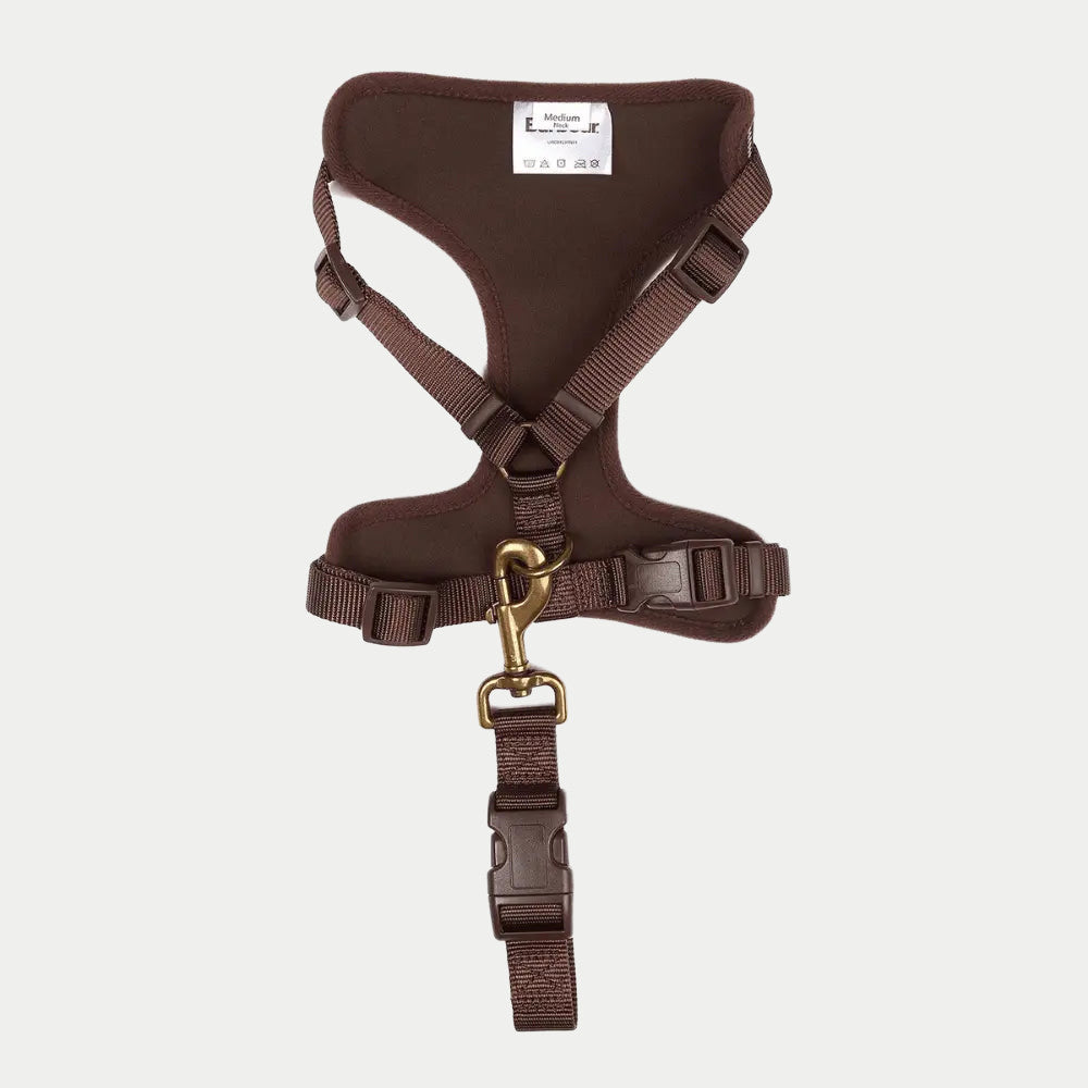Envers du harnais en molleton brun chocolat, mousqueton laiton et sangle réglable