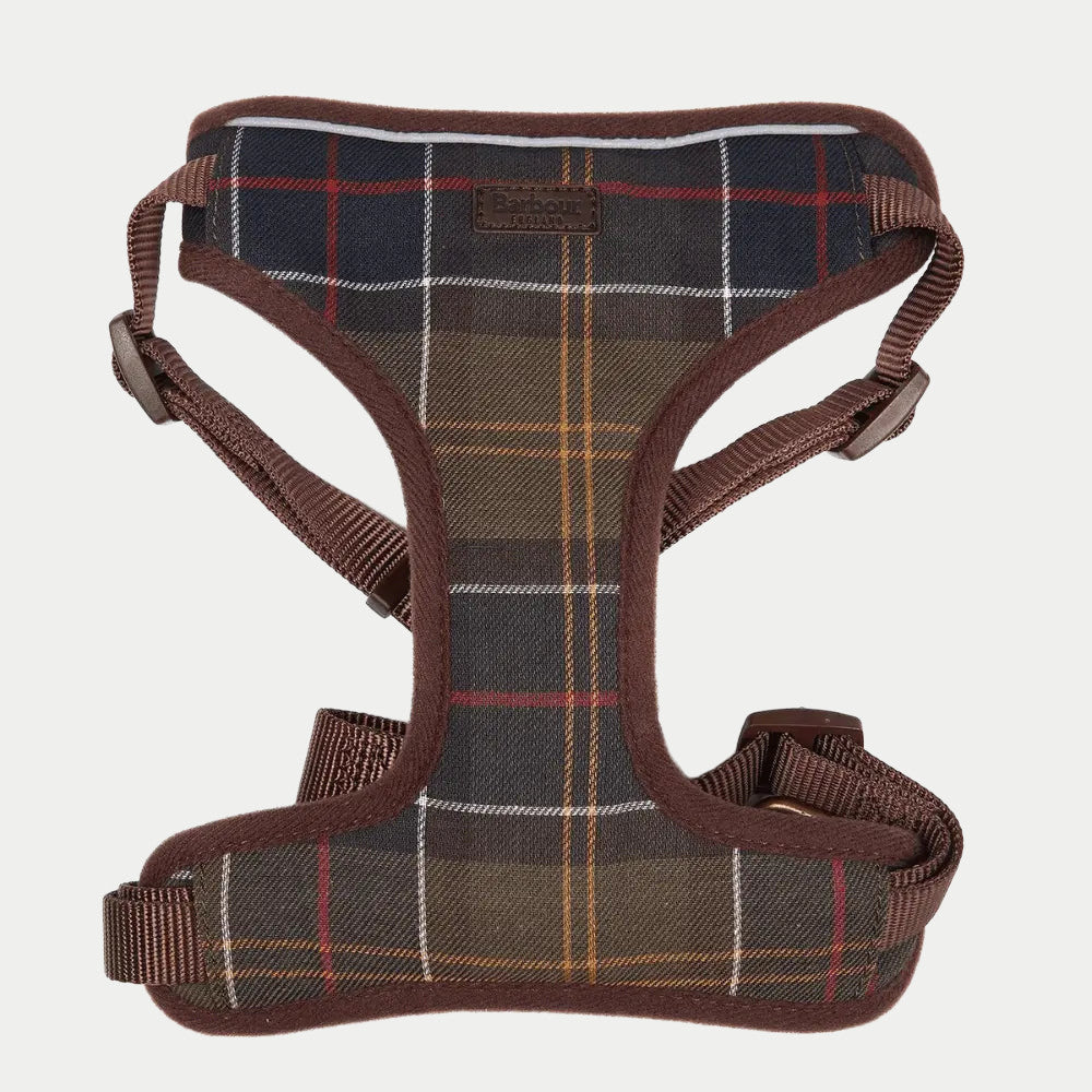 Harnais pour chien en tartan vert olive, brun et rouge, biais chocolat et sangles nylon