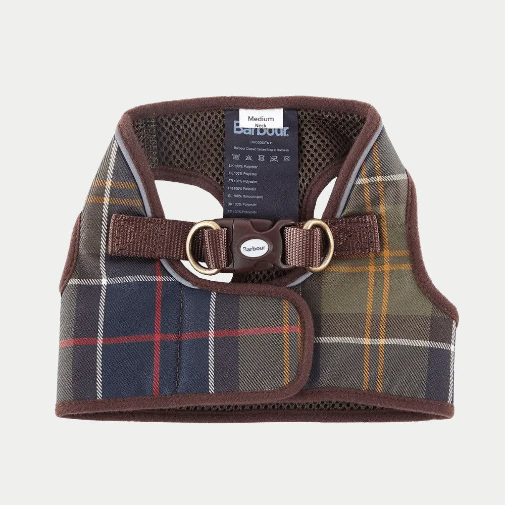 Harnais chien Barbour Classic Tartan ouvert : boucle clipsable Barbour, deux anneaux D en laiton et doublure maille