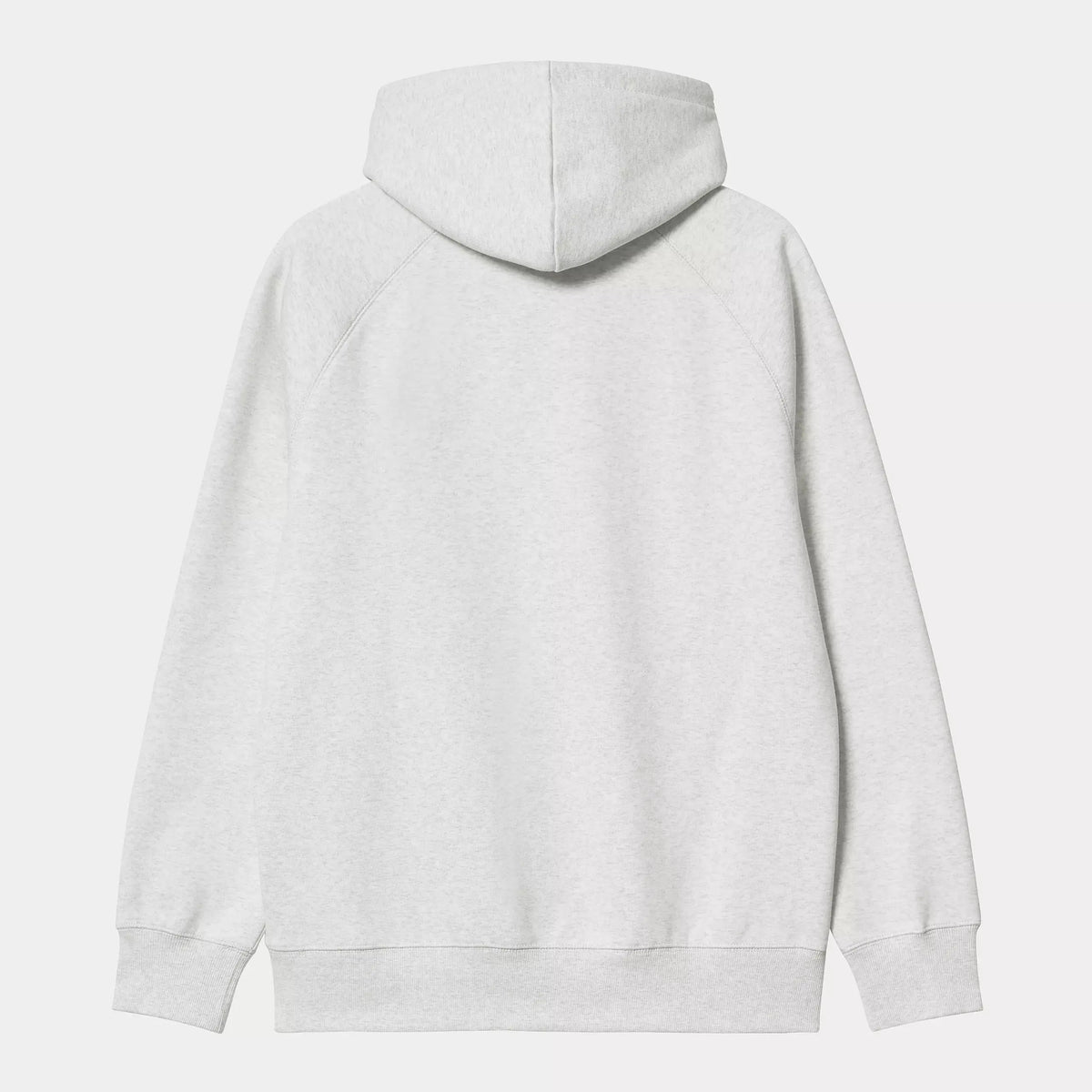 Dos à plat du Hoodie Chase Ash Heather, molleton gris clair chiné uni, capuche et bas en bords-côtes
