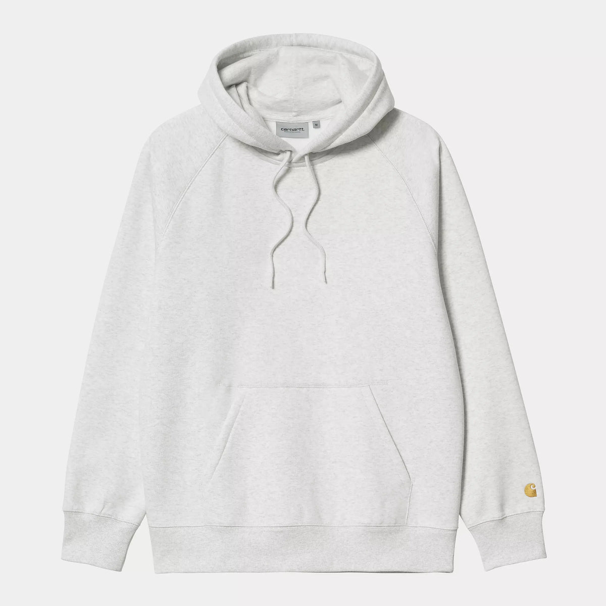 Sweat à capuche Chase Carhartt WIP gris clair chiné Ash Heather, à plat de face, cordons et poche kangourou