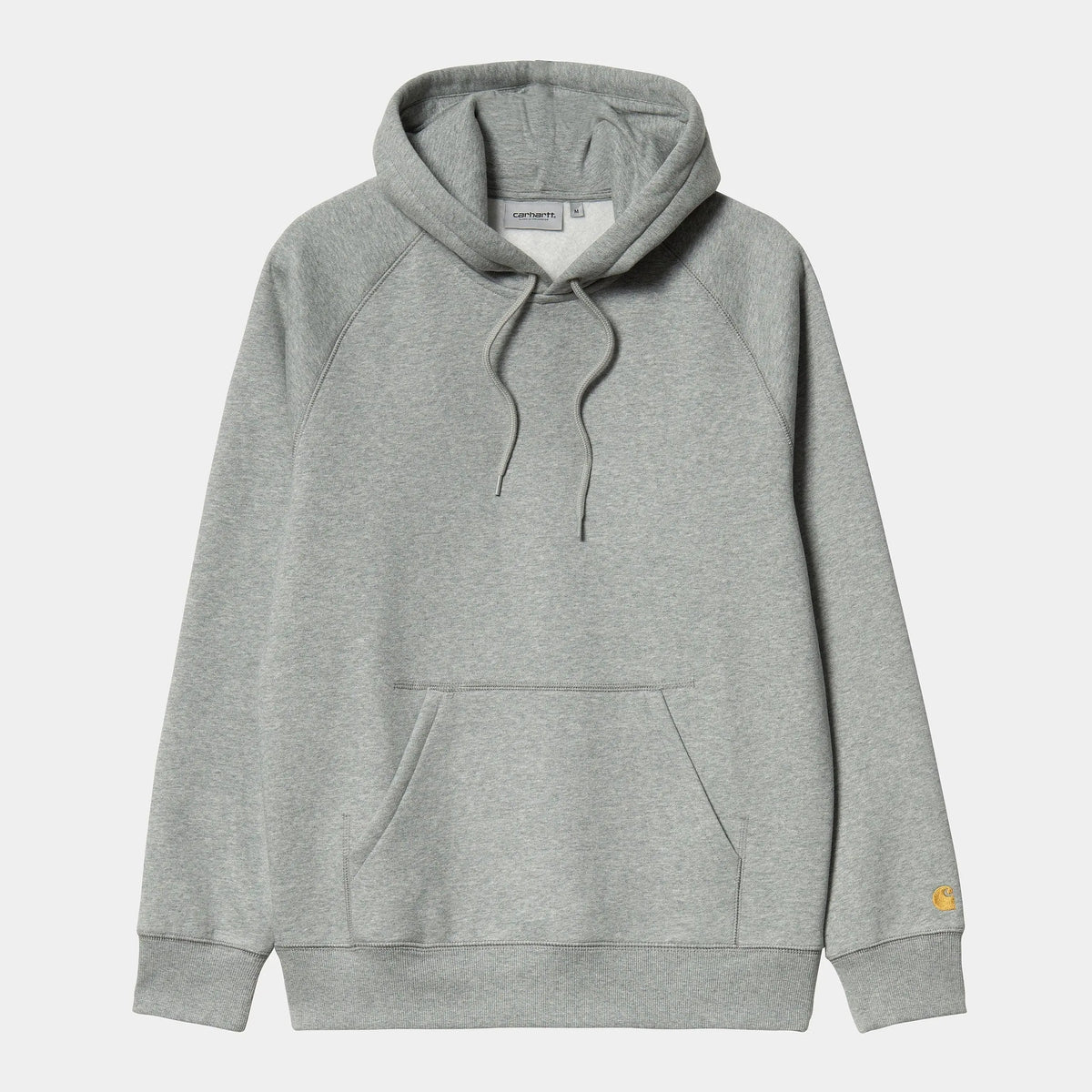 Hoodie Chase Carhartt WIP Grey Heather à plat de face, molleton gris moyen chiné, cordons et poche kangourou