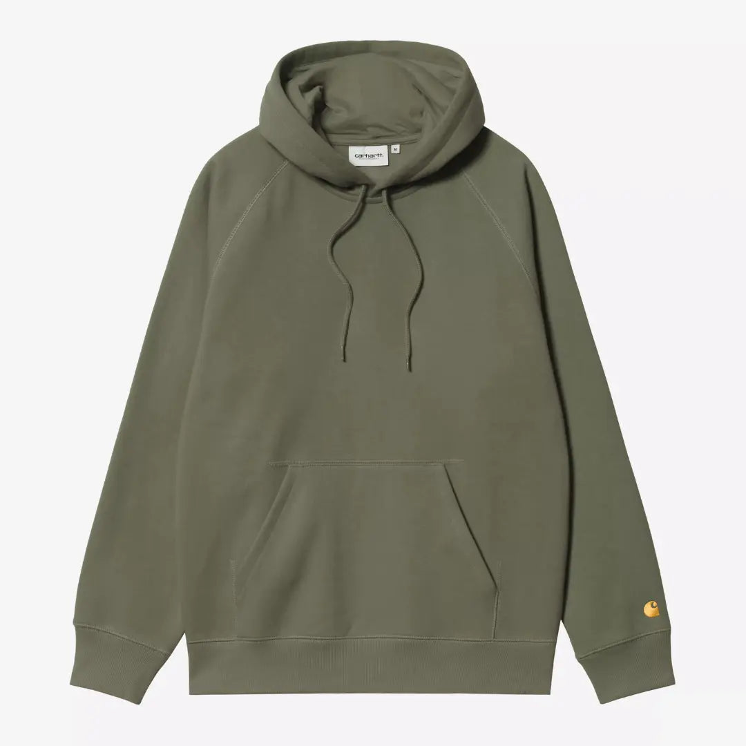 Hoodie Chase Carhartt WIP Leaf à plat de face, molleton kaki militaire, cordons et poche kangourou