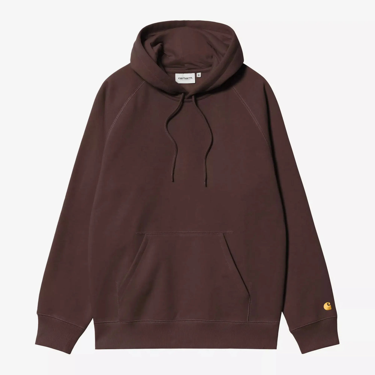Sweat à capuche Carhartt WIP Chase Palisander brun bordeaux, vue de face à plat avec le « C » doré brodé sur le poignet