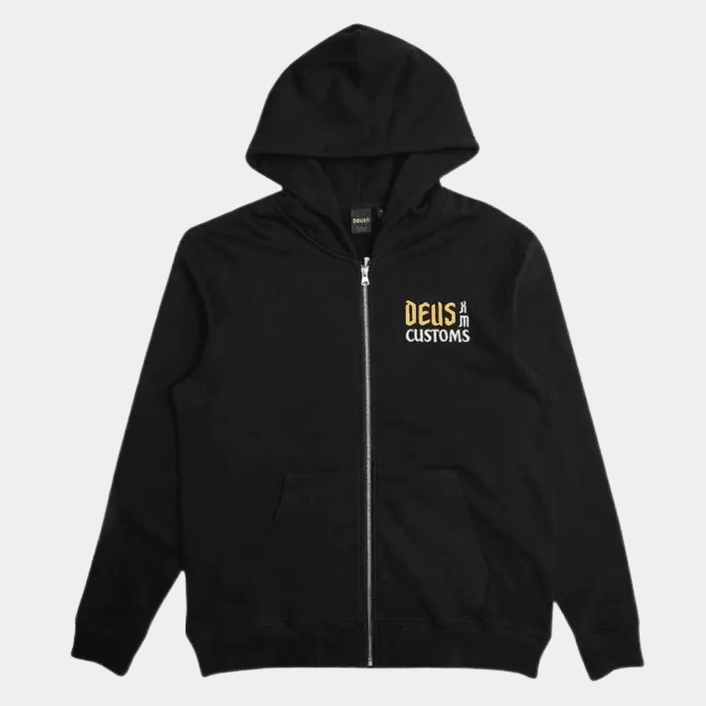 Sweat à capuche Supporter noir zippé, broderie poitrine Deus Ex Machina Customs dorée et blanche