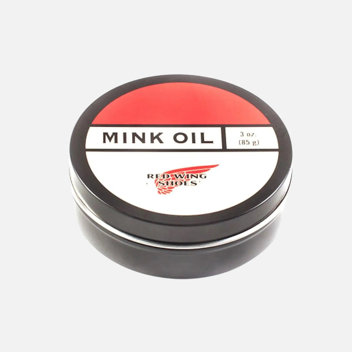 Boîte métal noire d'huile de vison, couvercle à étiquette rouge et blanche Red Wing Shoes, 85 g