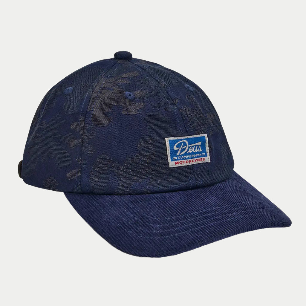Idaho Cap Indigo, jacquard camouflage bleu marine ton sur ton et visière en velours côtelé