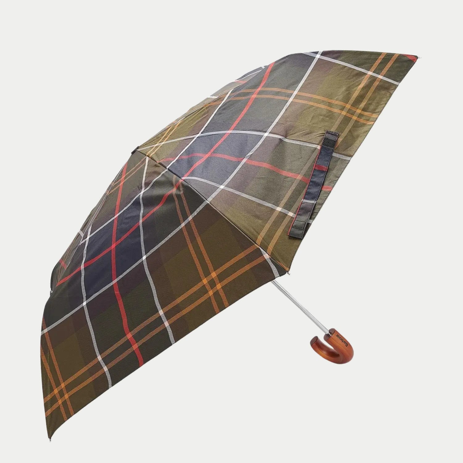 Mini parapluie Barbour ouvert, petite toile tartan olive à filets rouge et orange sur mât télescopique argenté