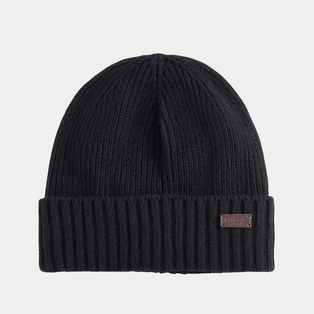 Bonnet Carlton noir Barbour en maille côtelée, large revers et plaque de cuir cousue sur le côté